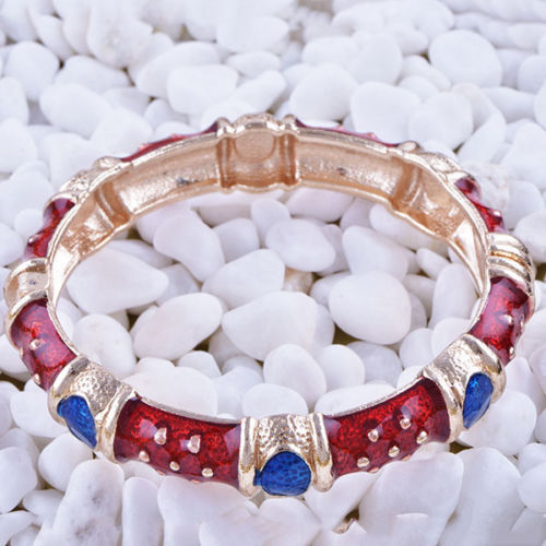 Pretty New Yellow Gold Plated Red & Blue Enamel Fashion Jewelry Bangle Bracelet