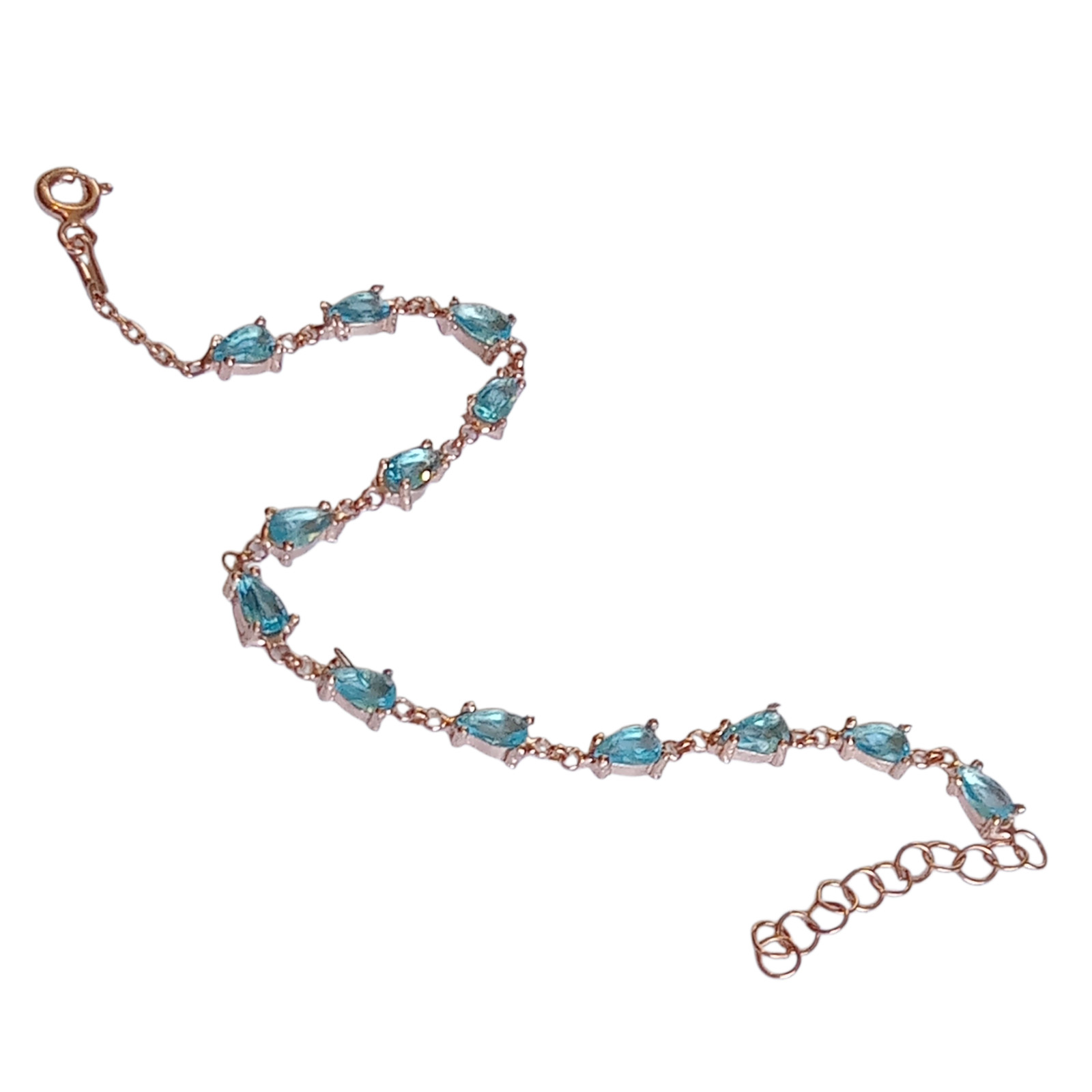 Rose Gold 925 Sterling Silver Turkish Handmade Teardrop Aquamarine Bracelet