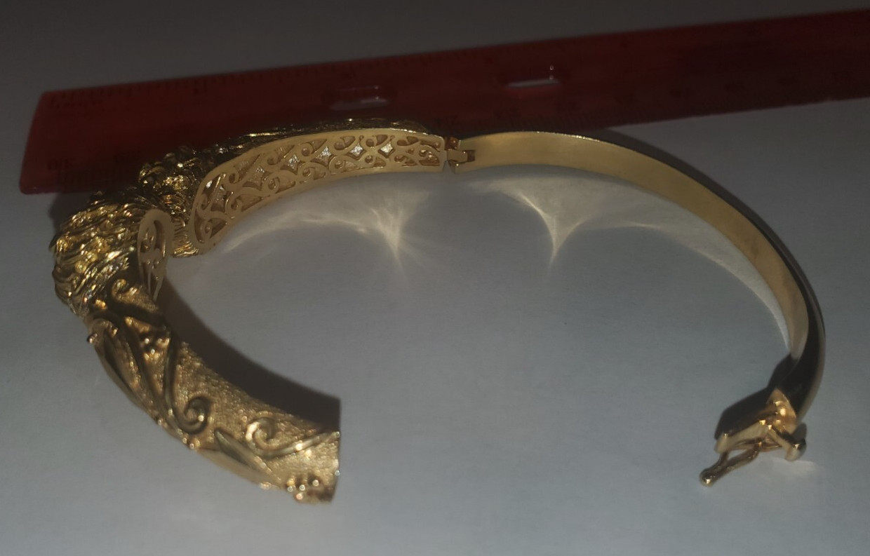 22K Gold-plated 925 Sterling Silver Lion Cuff Bracelet, Red Cubic Zirconia Eyes