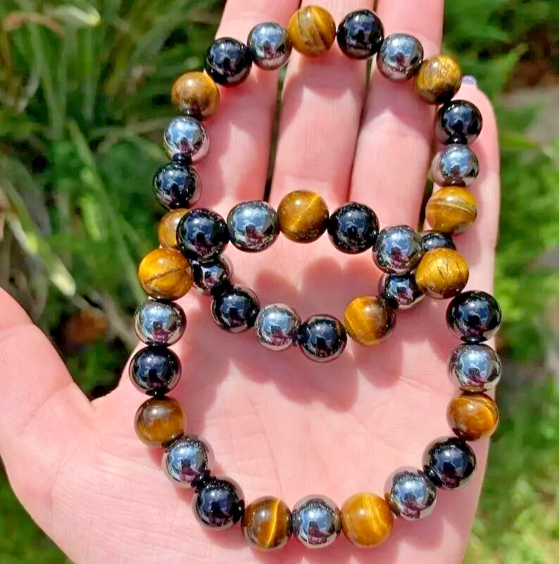 2 PCS Triple Energy Protection Bracelet 8mm Gemstone Beaded Healing Woman Gifts