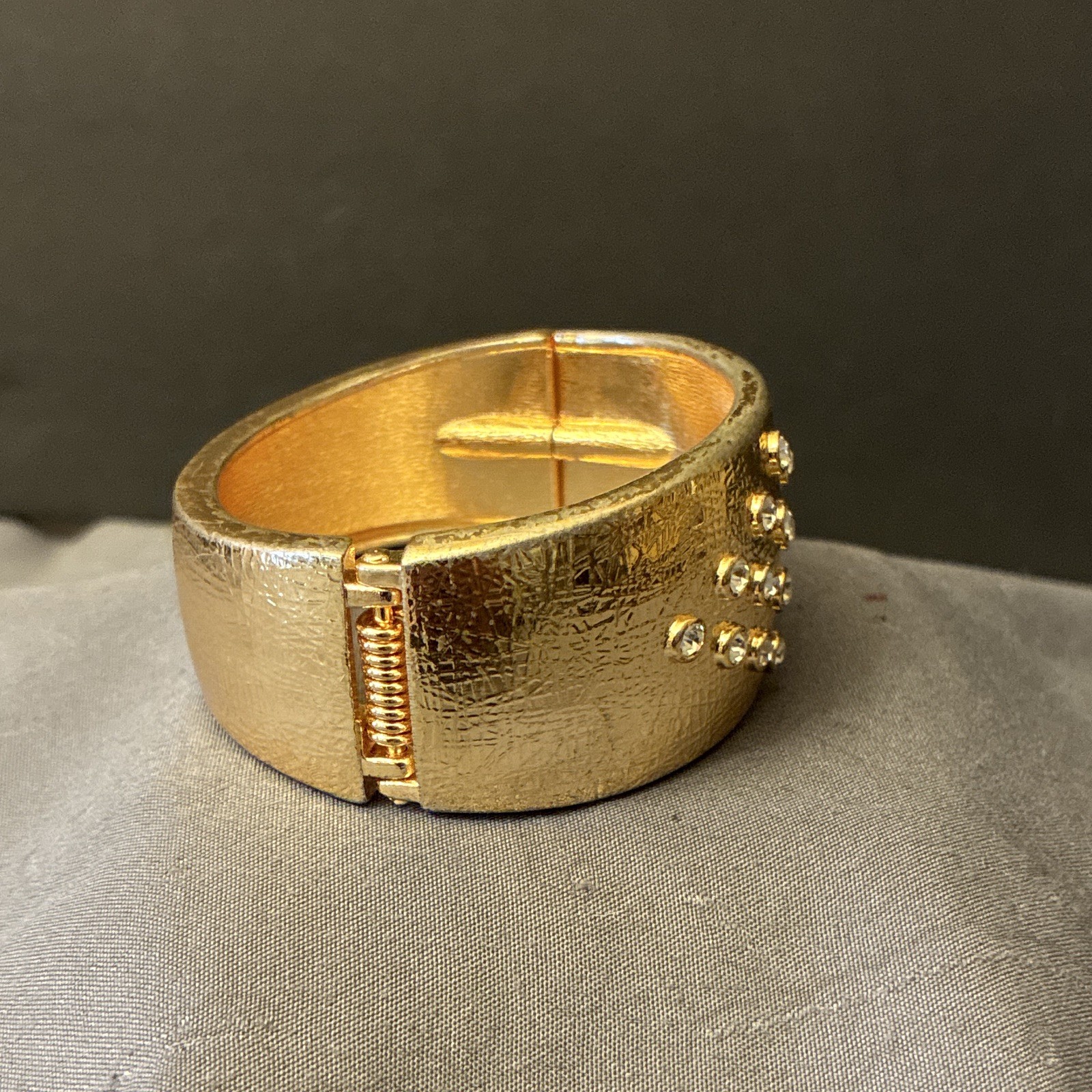 Gold Tone Wide Hinged Bangle Bracelet w/ Round Clear Bezel-Set Crystals