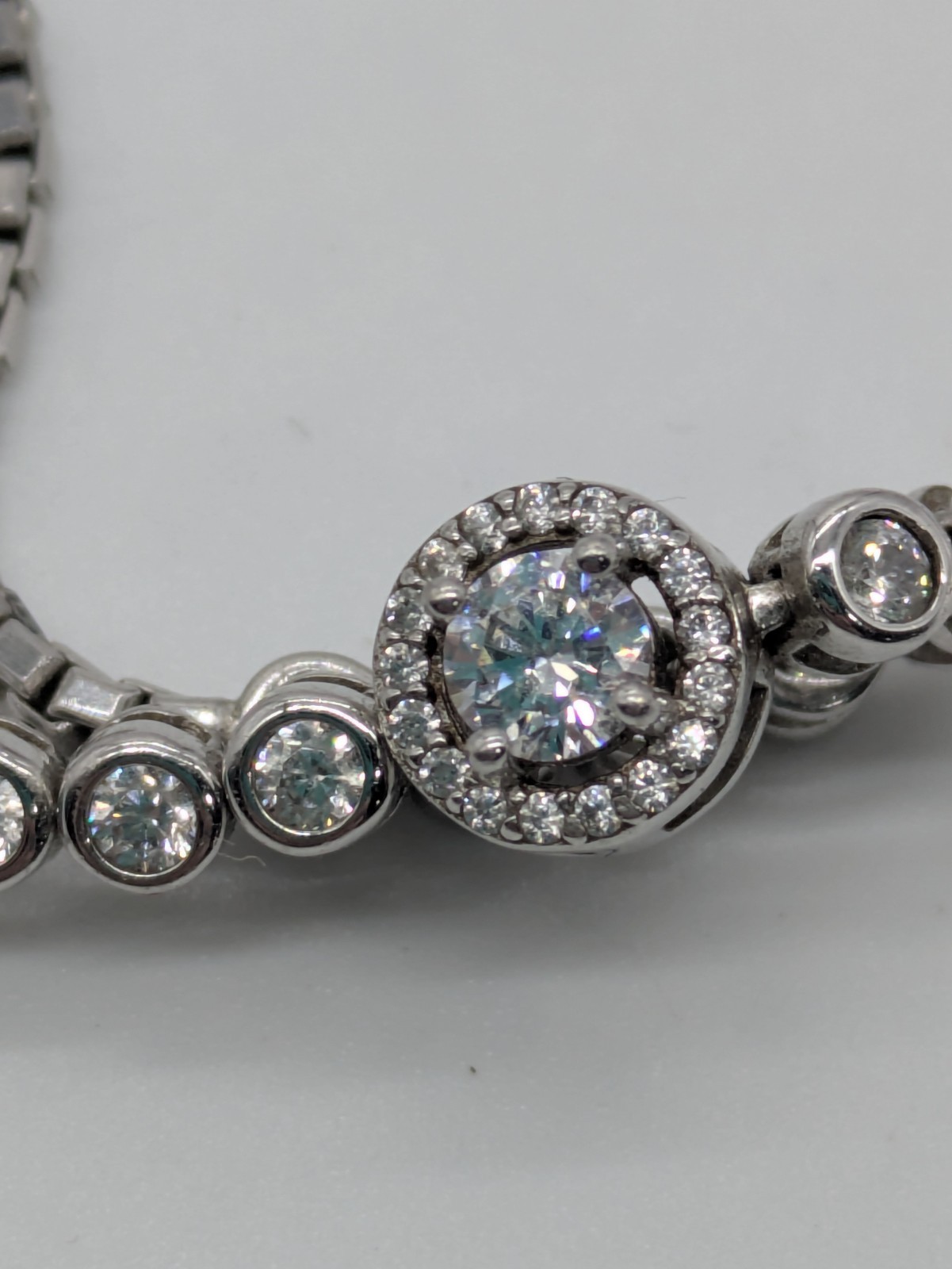 Rhodium Plated 925 Sterling Silver Adjustable Simulated Diamond Bolo Bracelet