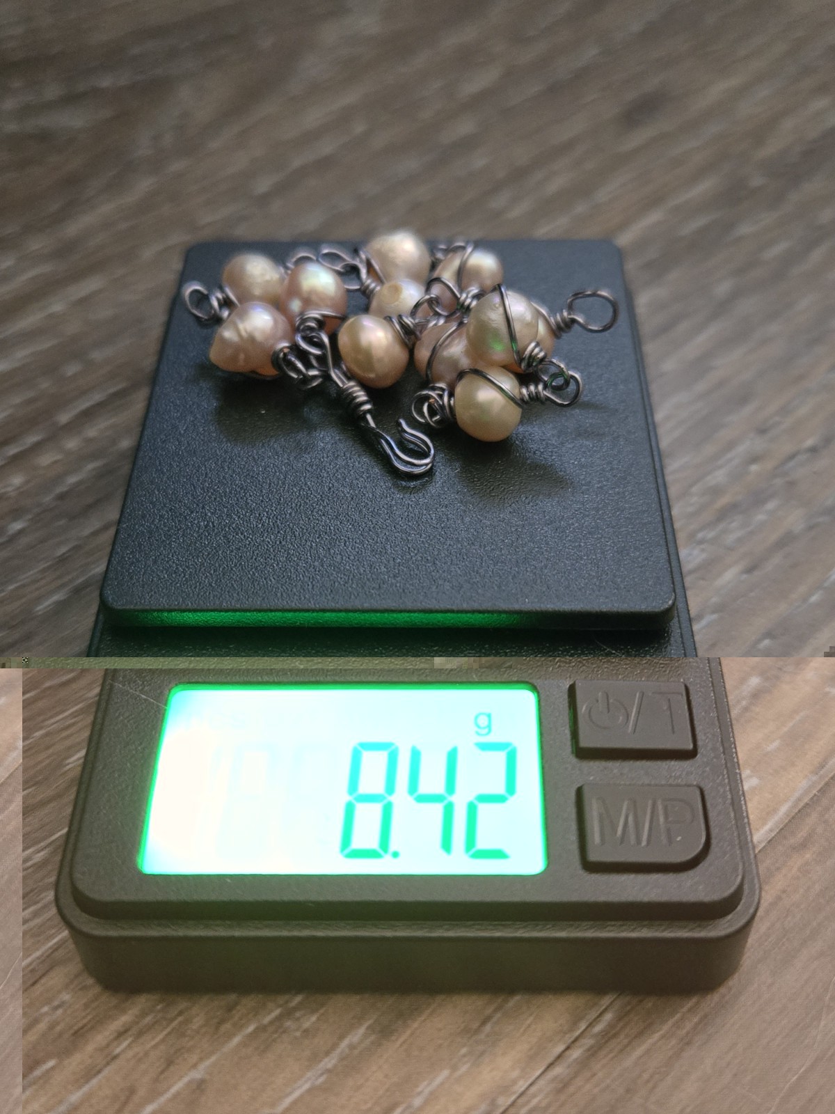 New pearl oxidized silver plated double wire wrap handmade bracelet, 8in, 8.42g