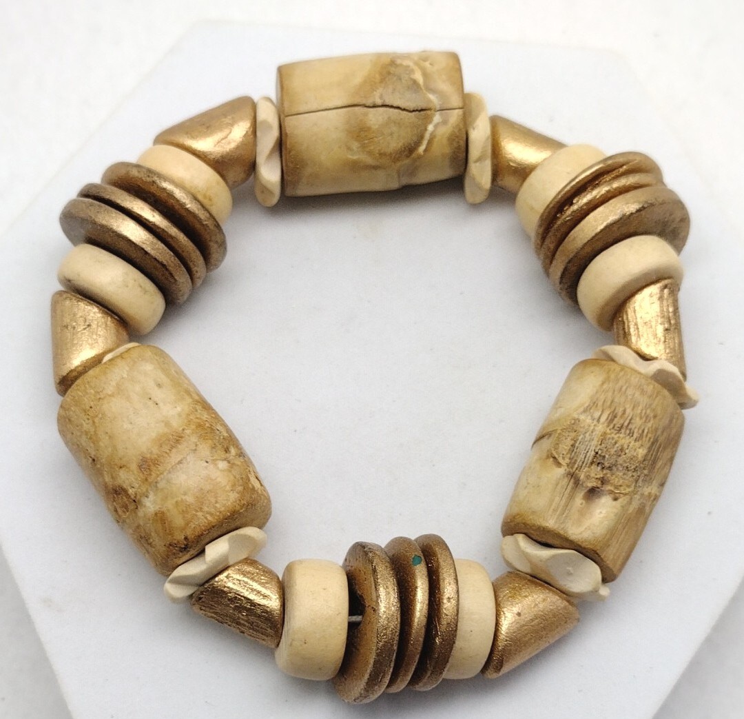 Boho Cream Gold Tone Chunky Beaded Stretch Bracelet Mixed Shapes Statement