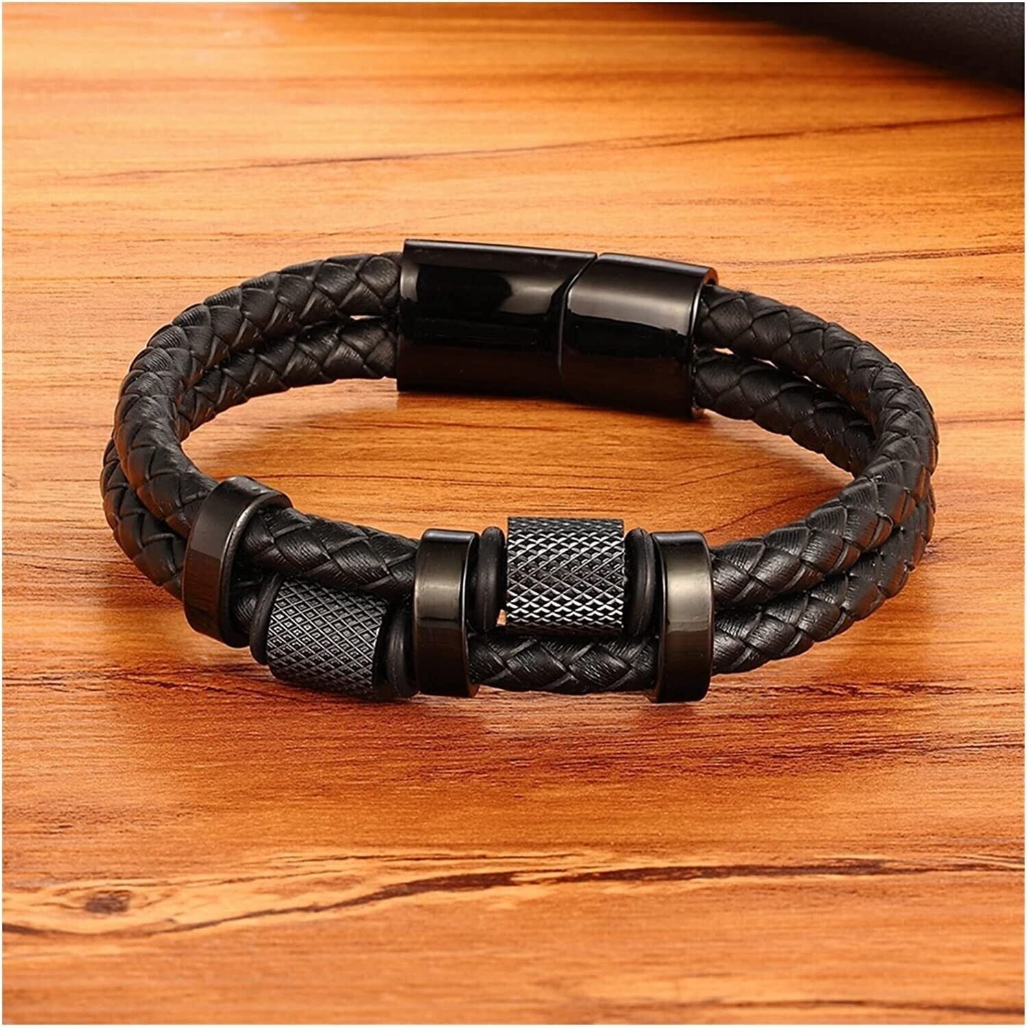 Men’s Stainless Steel Genuine Leather Bracelet Strength Fashion Bangle Wrap Gift