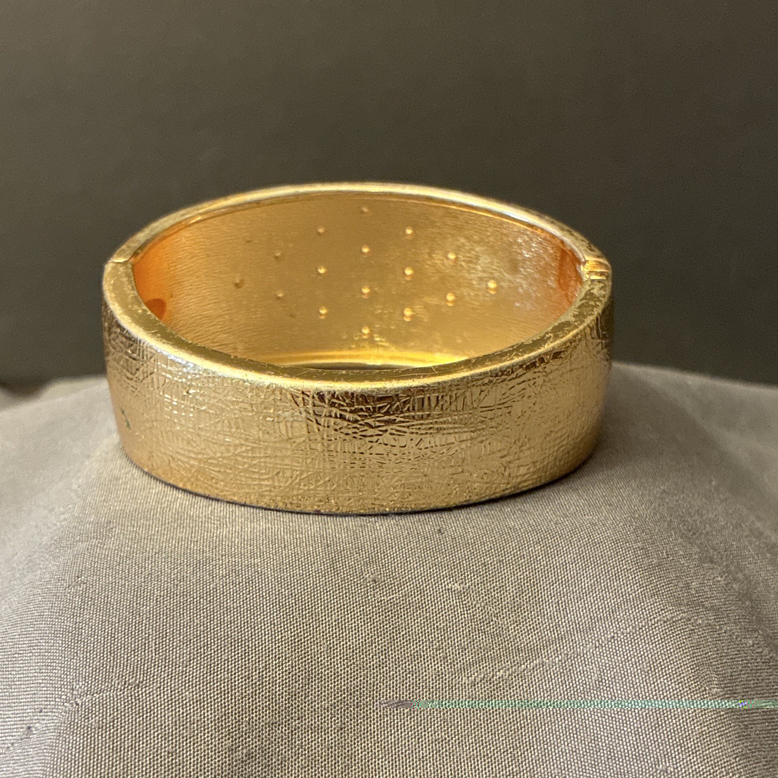 Gold Tone Wide Hinged Bangle Bracelet w/ Round Clear Bezel-Set Crystals