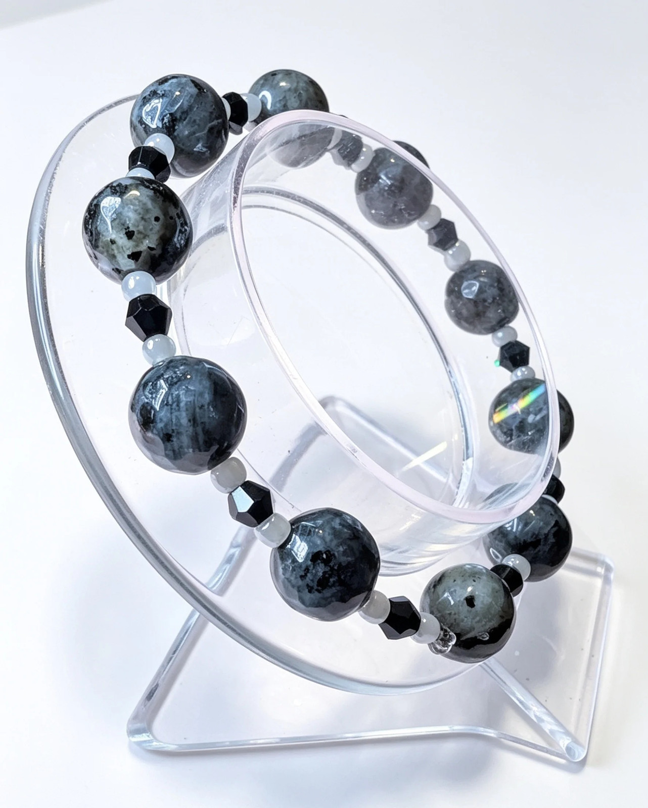 Handmade Beaded BraceletlLarvikitie Stone Black Crystal Grey Glass. Unisex Goth