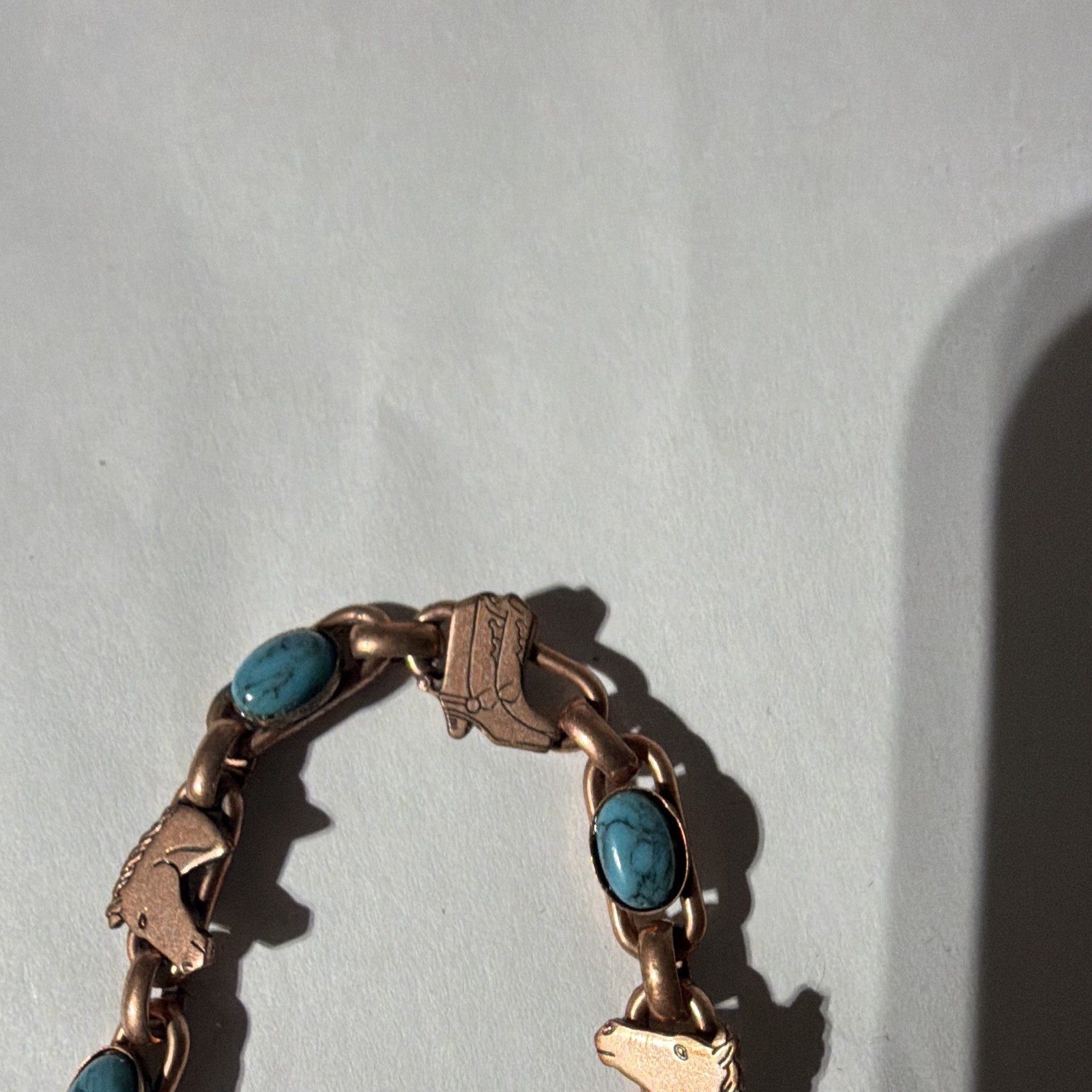 Copper Tone Link Charm Bracelet Blue Oval Turquoise Bezel, Hook, Animal Dangles