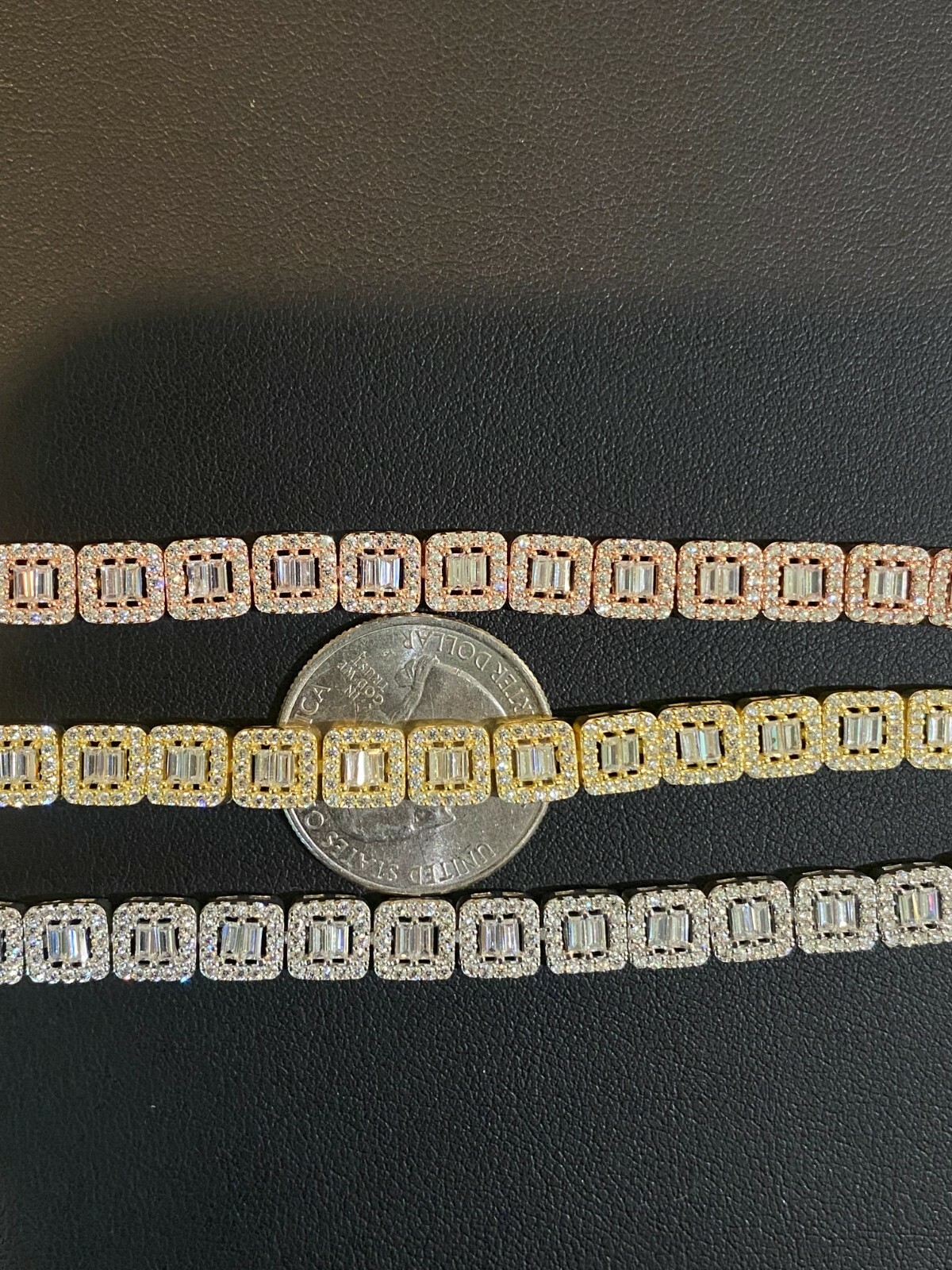 Real 925 Silver Yellow Rose Gold Plated Square Cluster Bracelet Baguette CZ