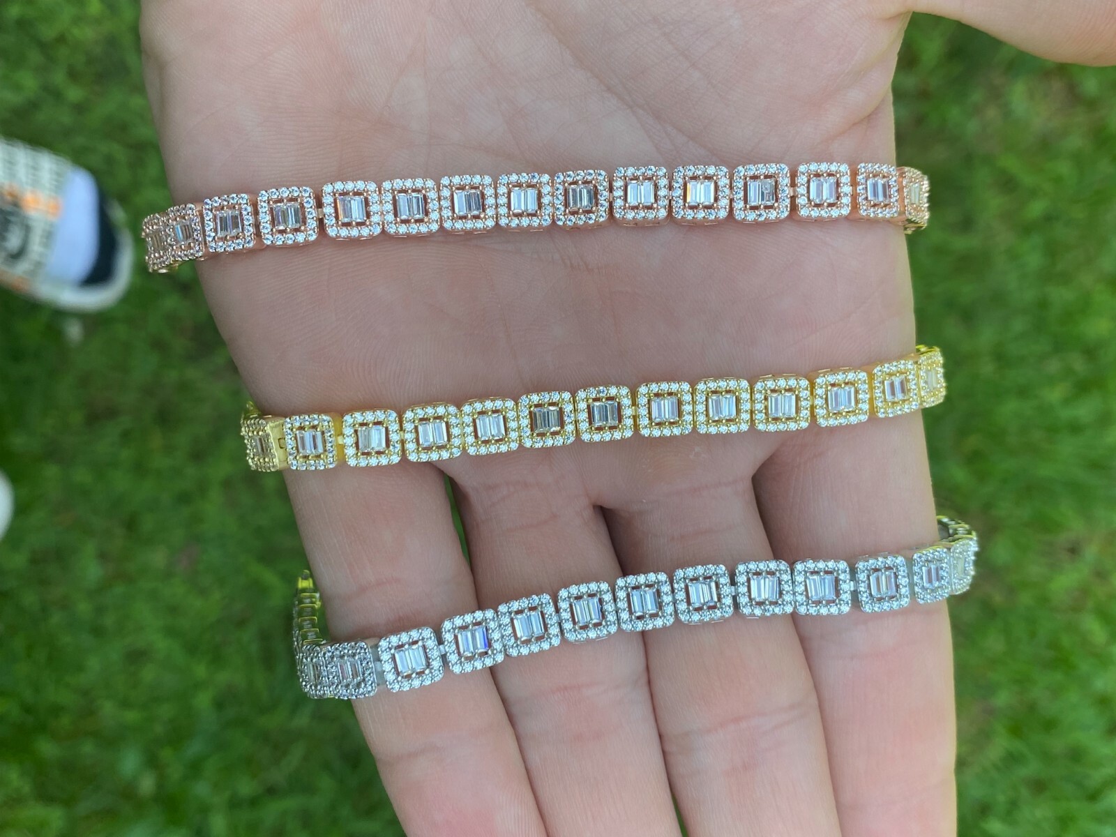 Real 925 Silver Yellow Rose Gold Plated Square Cluster Bracelet Baguette CZ