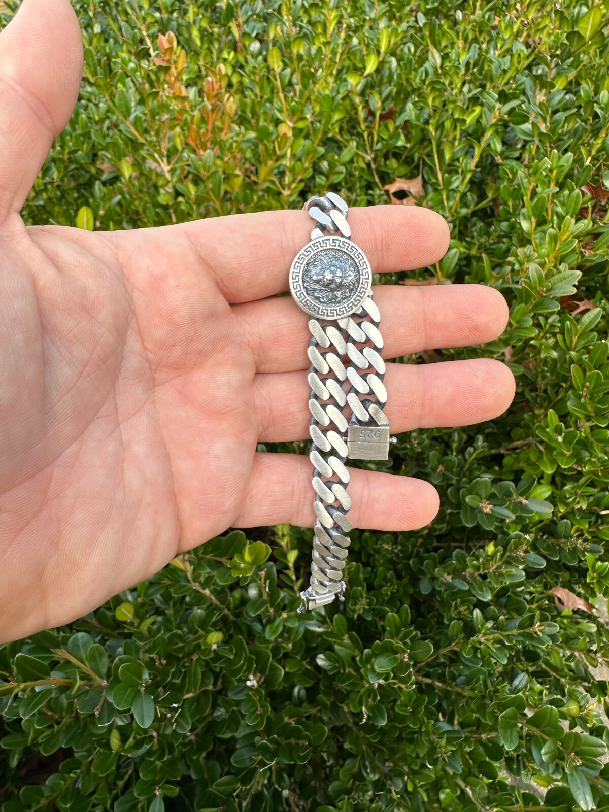 Real Mens Miami Cuban Link Bracelet W. Lion Solid 925 Sterling Silver Box Clasp