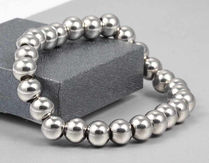 Men Women 6/8/10mm Silver/Gold Stainless Steel Ball Beads Chain Bracelet 7″-11″