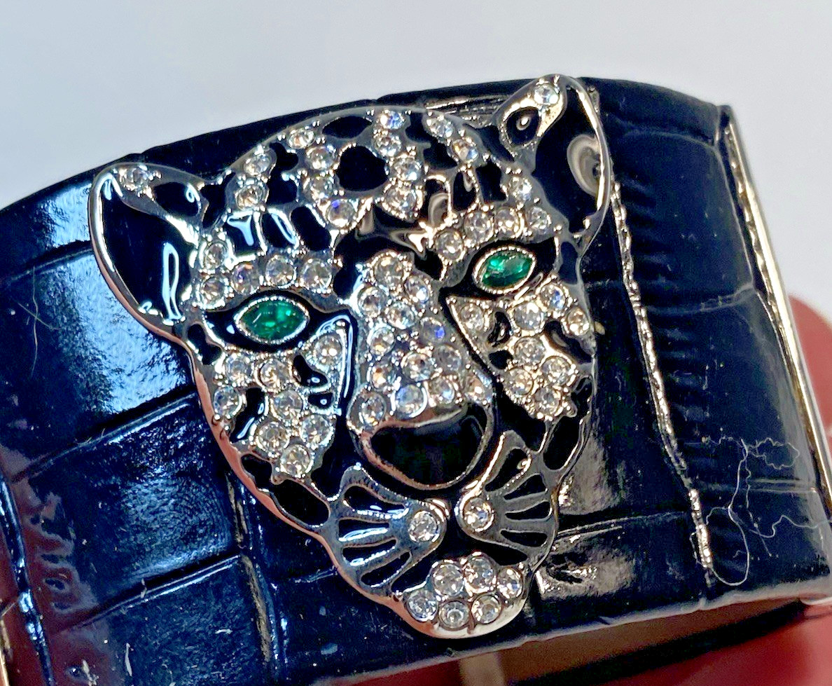 HSN Collectibles Leopard Black Leather CZ Enamel Statement Hinged Cuff Bracelet