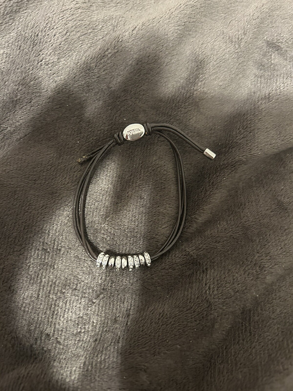 Fossil Bracelet Silver Tone Beaded w/ Rhinestones Double Black Cord Slide Pull