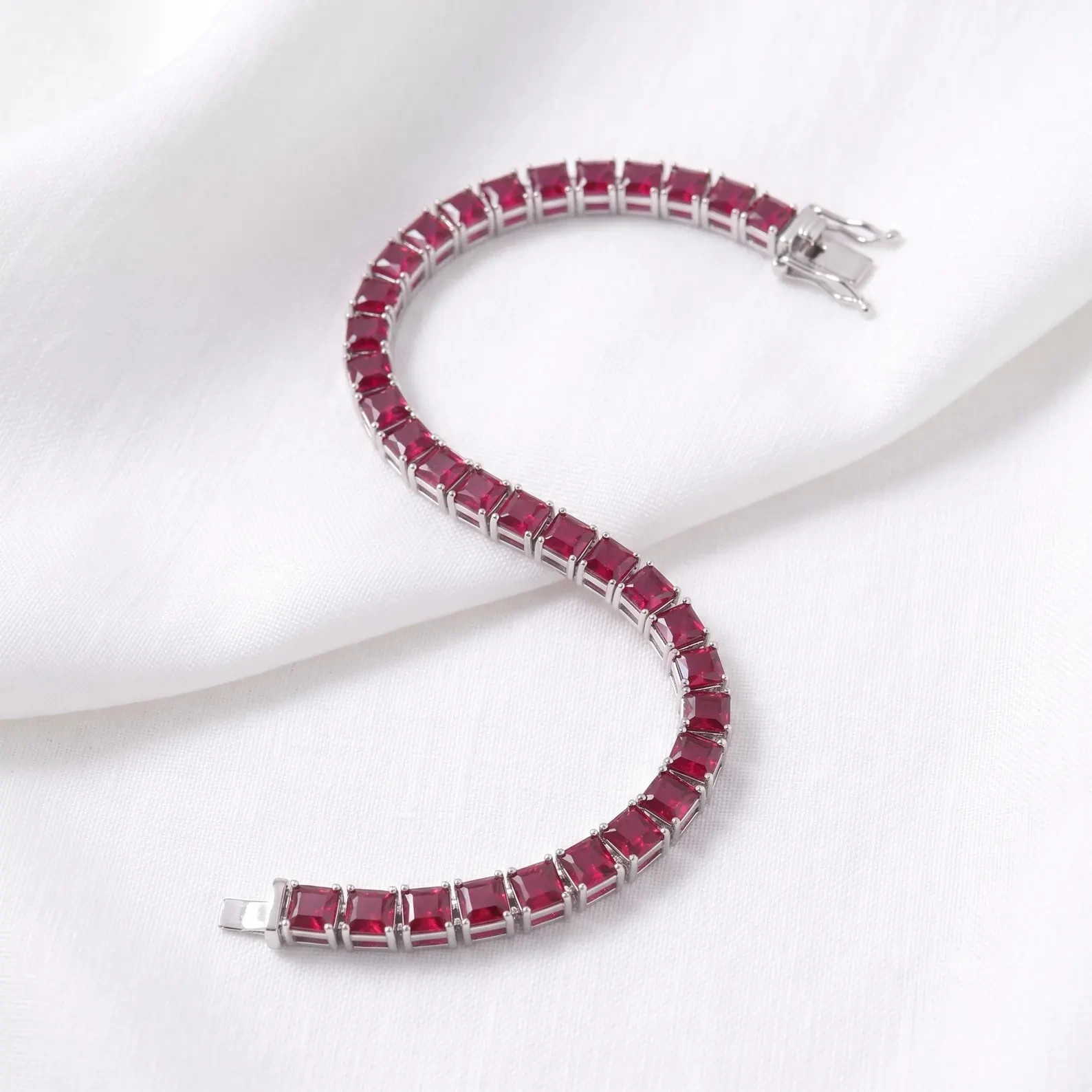 6.3 Ct Princess Simulated Ruby 925 White Sterling Silver Women’s Tennis Bracelet
