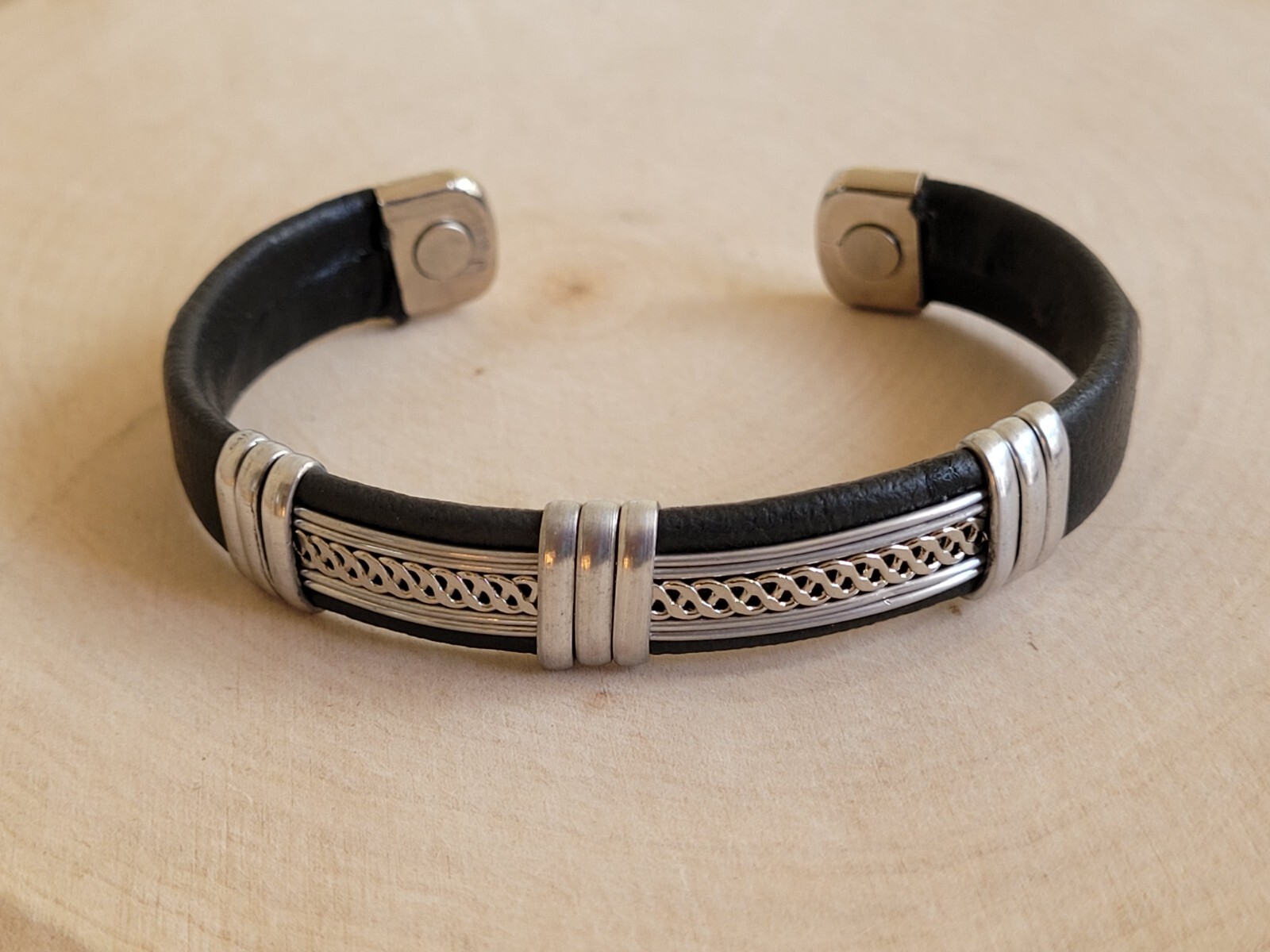 Solid Copper Leather Wrapped Magnetic Bracelet Men Women Energy Pain Silver Mesh