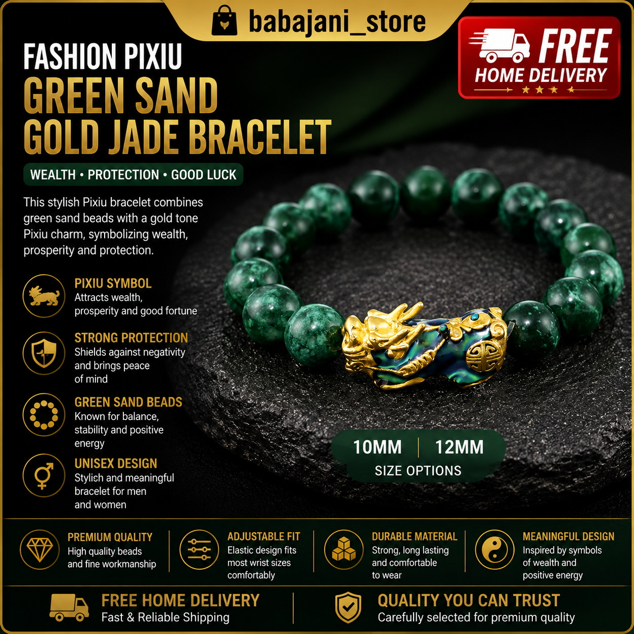 Fashion Pixiu Green Sand Gold Jade Bracelet Feng Shui Lucky Wealth Unisex