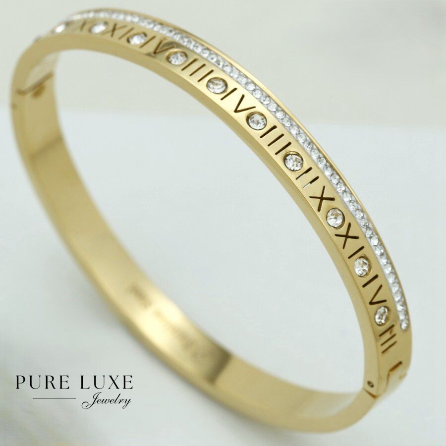 Women’s 6.5″ Stainless Steel Roman-Numeral CZ Bangle.Bracelet,Gold plated Box