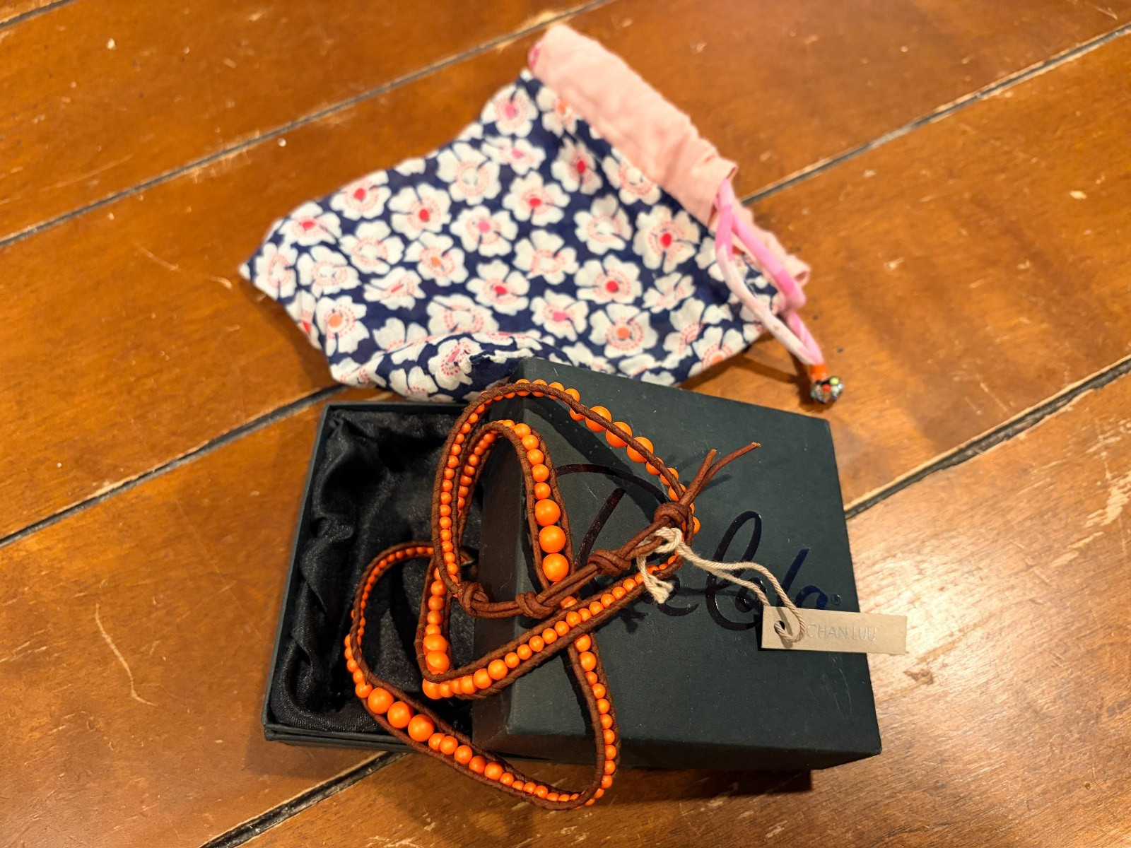 Chan Luu Orange Bead Leather Wrap Multi Layer Bracelet with 925 Silver Closure