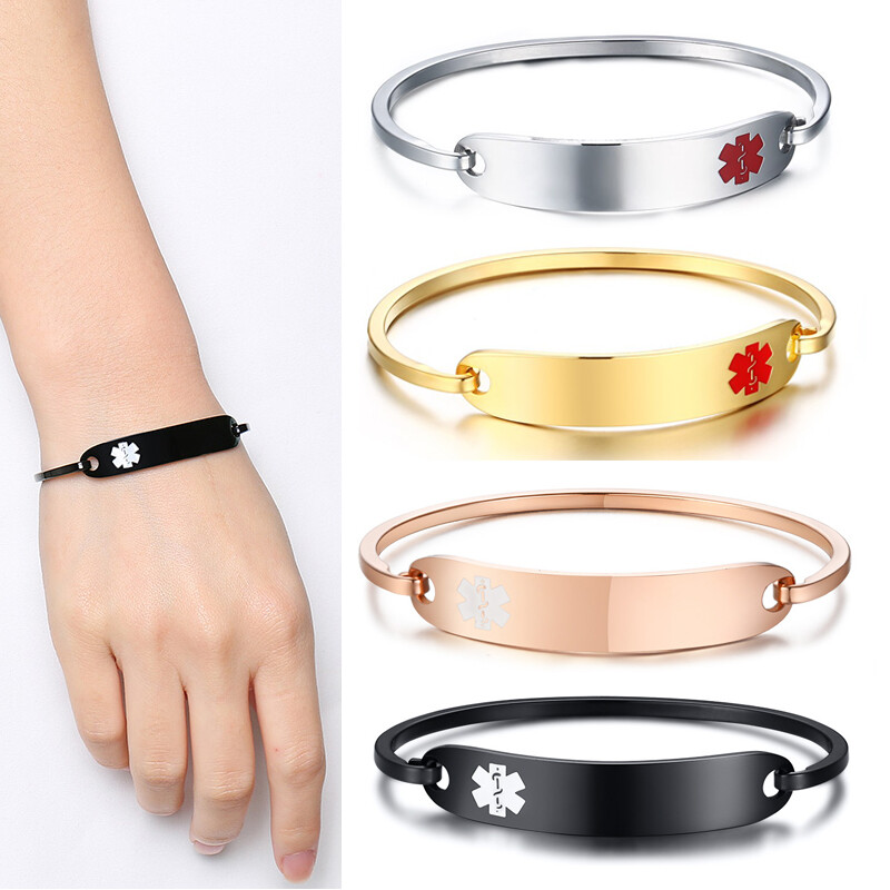 Customized Medical Bracelet Emergency Laser Engraved Men Women Alert ID Bangle