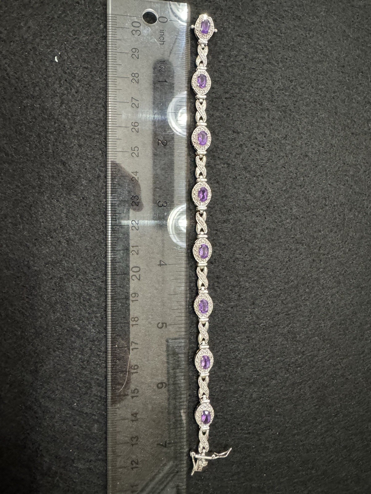 Silver Tone Amethyst Oval Halo Tennis Link Bracelet Toggle Closure 7.5 “