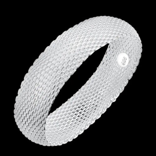 925 Sterling Silver w/ Rhodium Plated Mesh Bracelet Fine Round Net Bangle 8 in