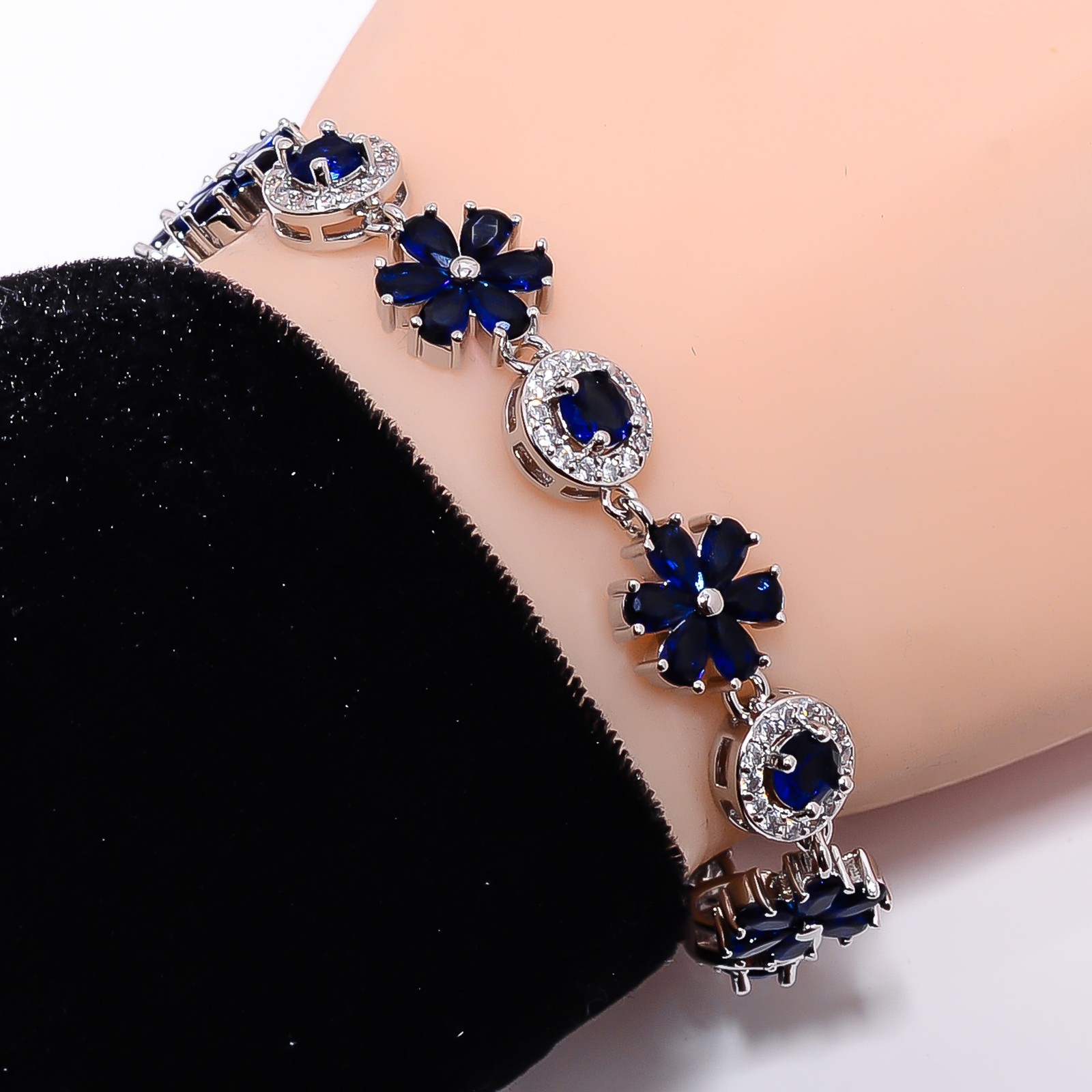 Blue Sapphire -Simulated, CZ 925 Sterling Silver Adjustable Bracelet 7-8″ B4630