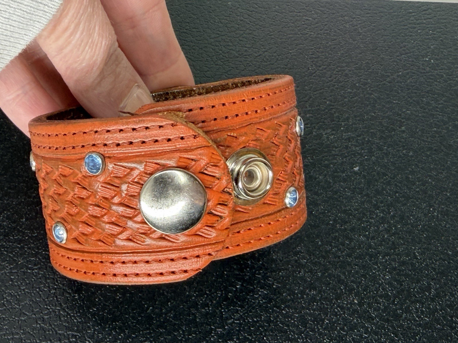 Broncos 925 Sterling Silver Leather Cuff Bracelet Jeweled Stamped Boho Football