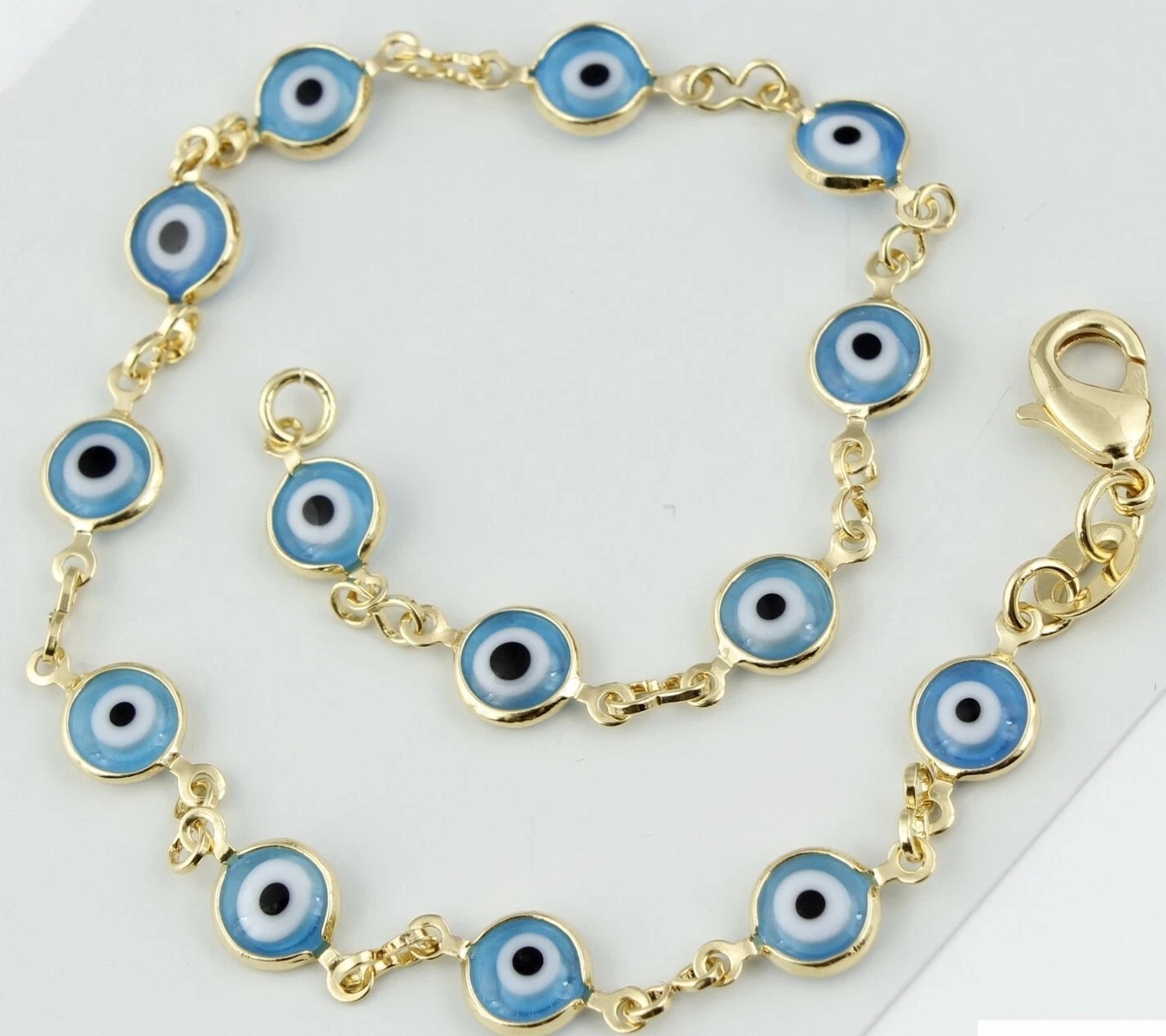 Evil Eye Bracelet Light Blue Eyes 7.5 inch Long 18k Gold Filled