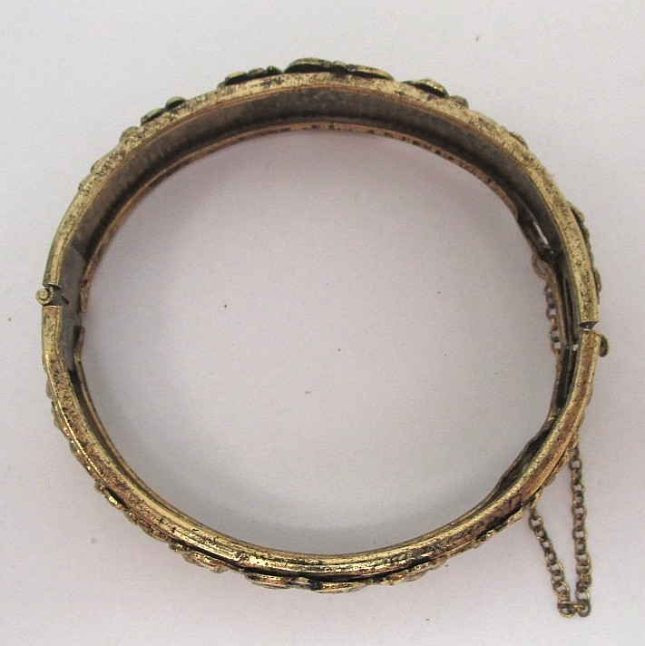 Antique Gold Tone Textured Bangle with Safety Chain