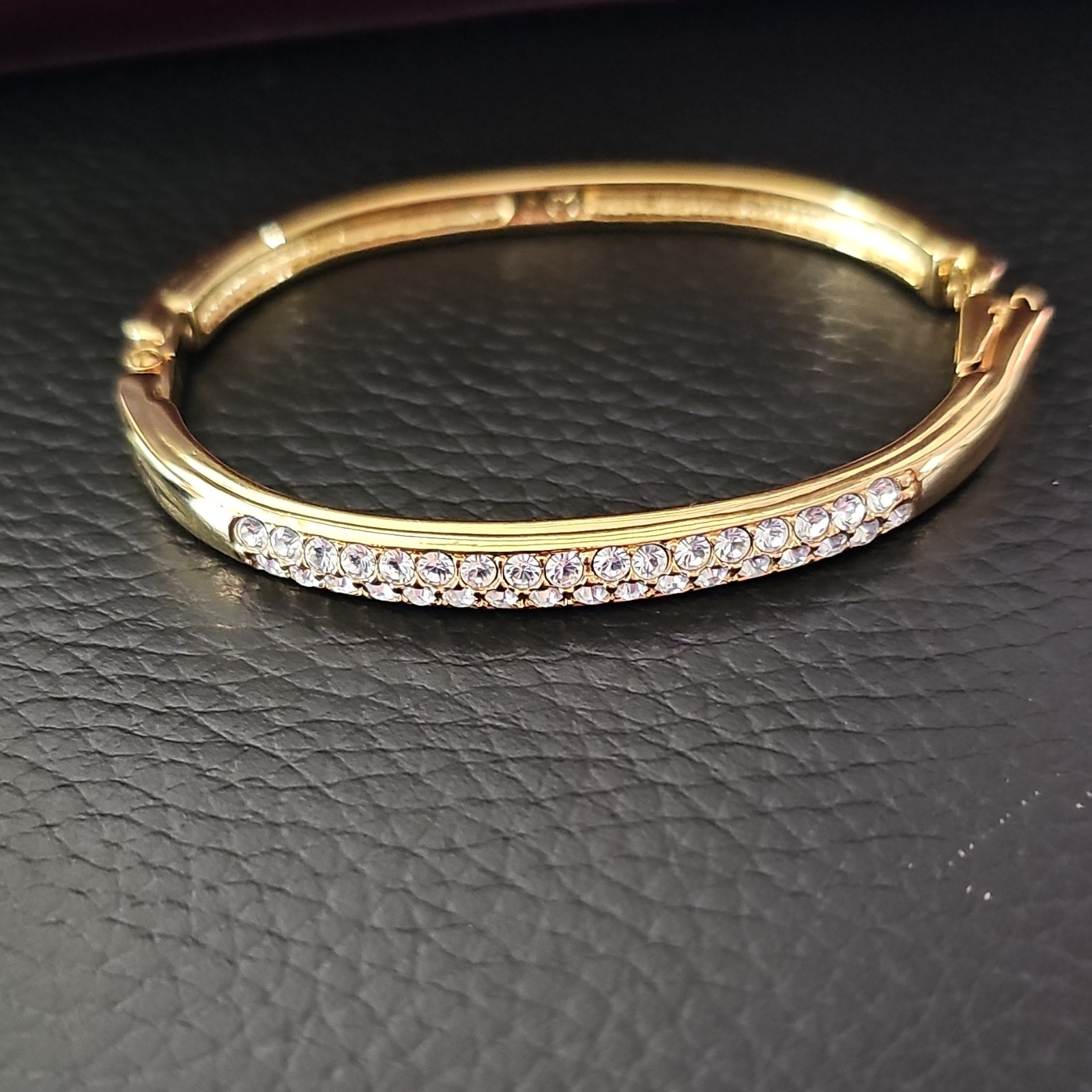 Swarovski Gold Tone Crystal Bangle Bracelet Stackable Push Lock Round Clear