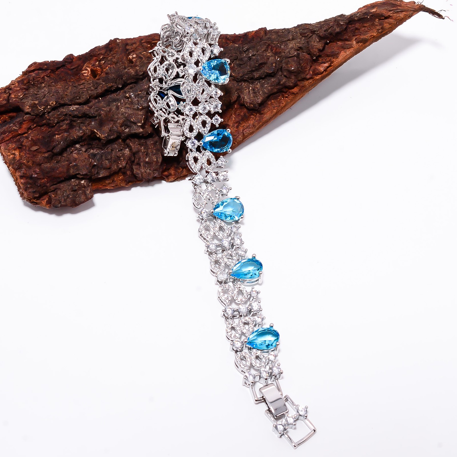 Blue Topaz, CZ 925 Sterling Silver Adjustable Bracelet 7-8″ B139925