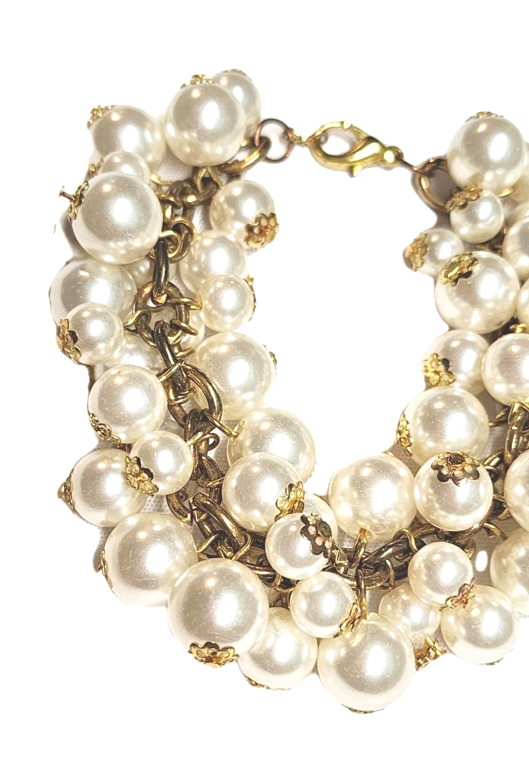 Chunky White Faux Pearl Dangle Cluster Cha-Cha Beaded Charm Cuff Bracelet 8″