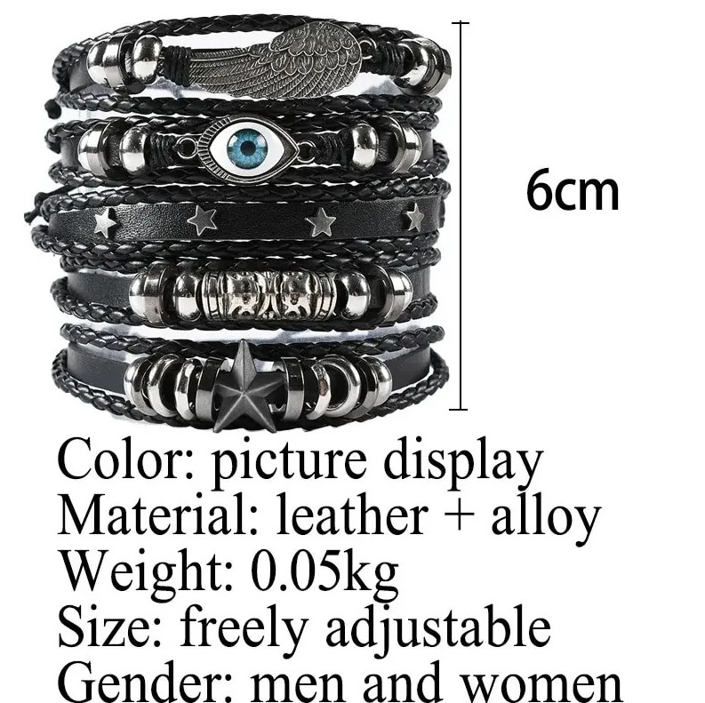 5PCS Punk Leather Bracelet Set Evil Eye Wing Star Beaded Bracelets NEW
