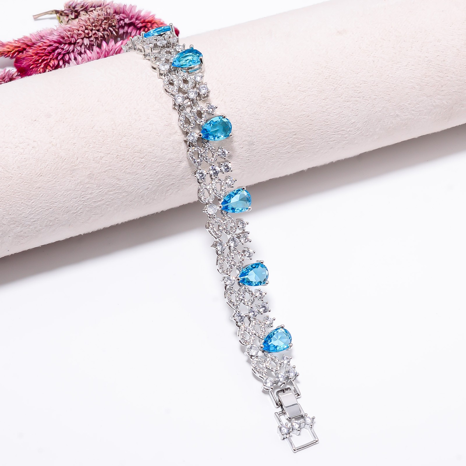 Blue Topaz, CZ 925 Sterling Silver Adjustable Bracelet 7-8″ B139925