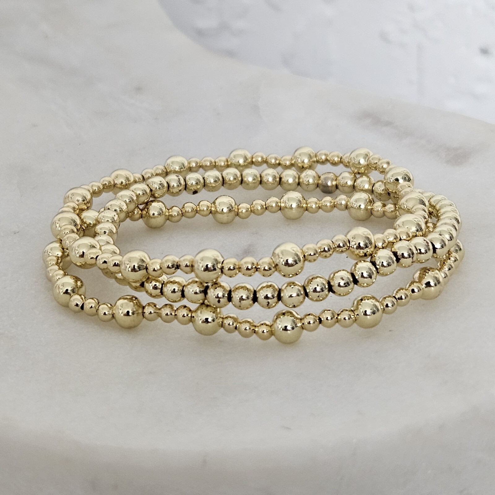 3 Piece 18k Gold Filled Elastic beaded bracelet Gold Ball bracelet