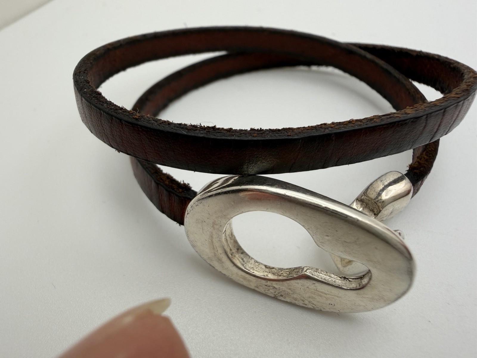 Vintage Modernist Leather Bracelet Silver Hook Clasp Wrap country, southwestern