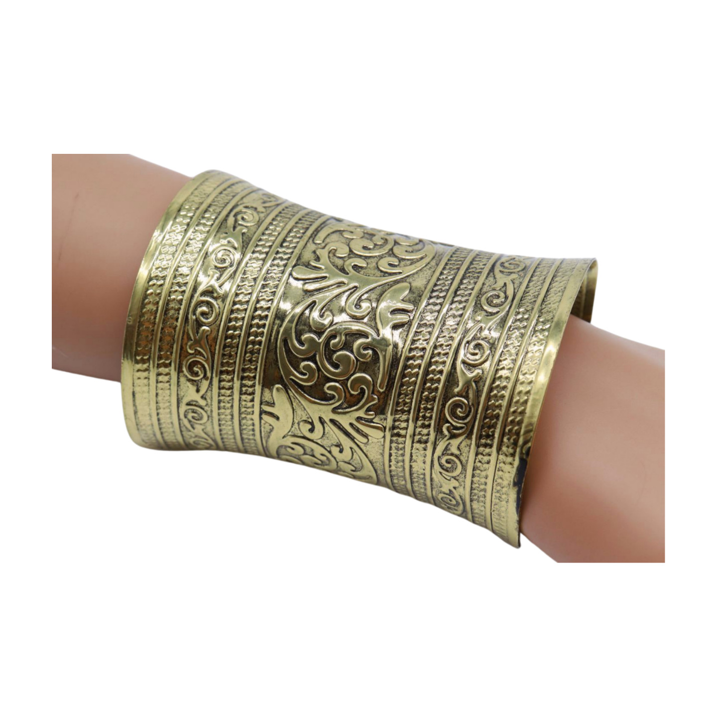 Women Antique Gold Color Extra Long Metal Roman Cuff Bracelet Filigree Halloween