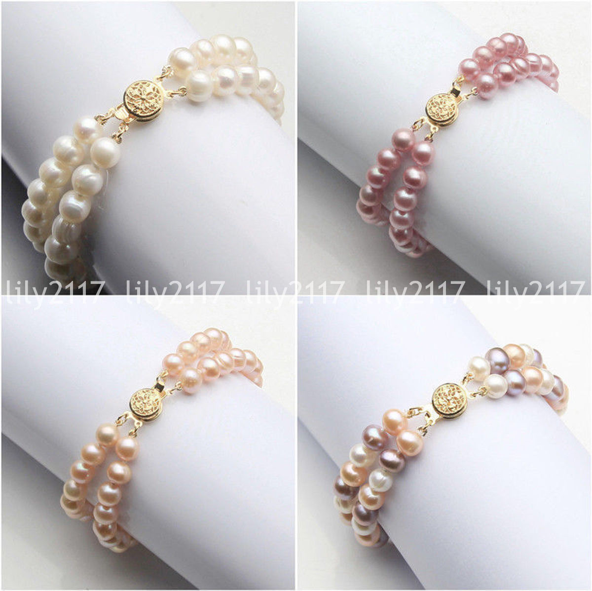 2 Rows Genuine Natural Freshwater Akoya Pearl Beads Bracelet 7.5″ 6-7/7-8/8-9mm