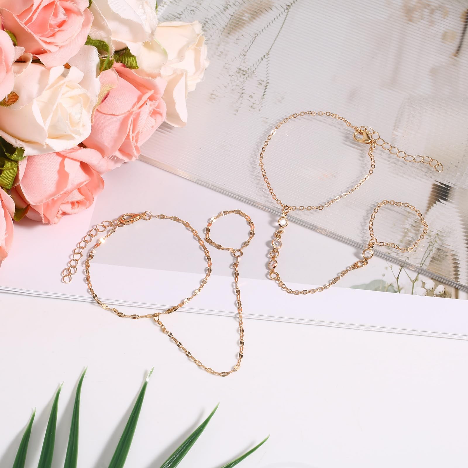 Mikovivi Gold Hand Chain Bracelet, Ring Bracelet for Women, 2pcs, zinc alloy,