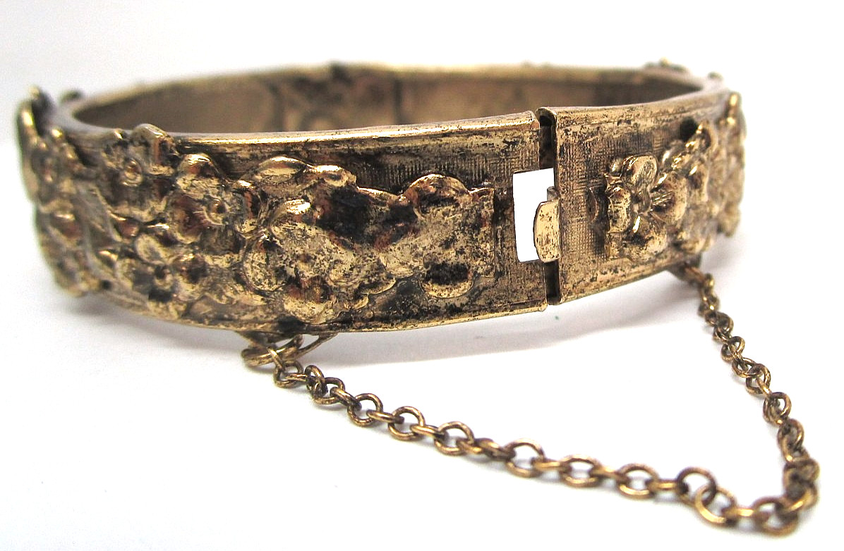 Antique Gold Tone Textured Bangle with Safety Chain