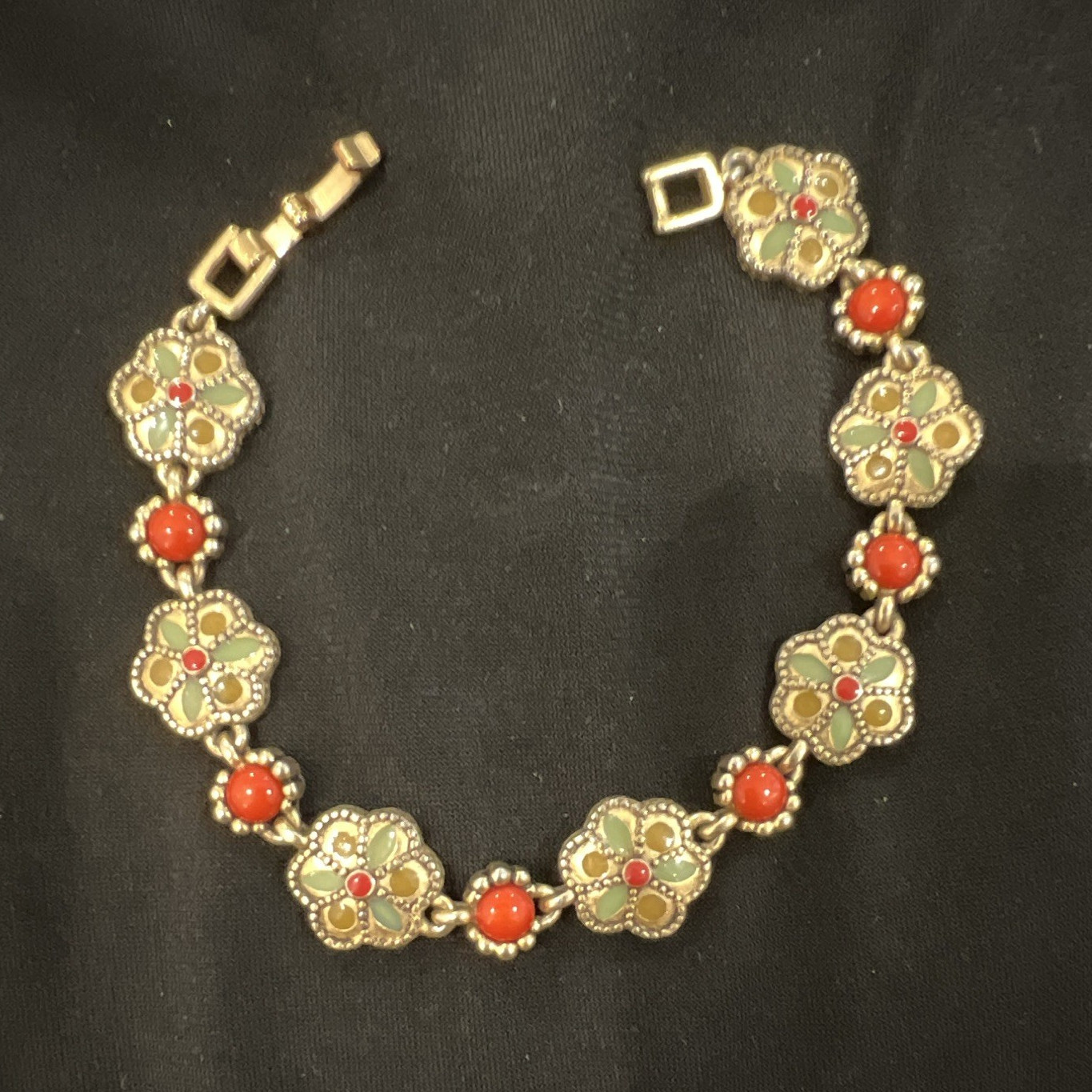 Silver Tone Red Enamel Flower Link Charm Bracelet with Fold Over Clasp, Signed