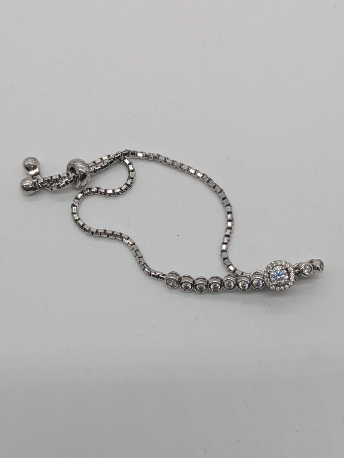 Rhodium Plated 925 Sterling Silver Adjustable Simulated Diamond Bolo Bracelet