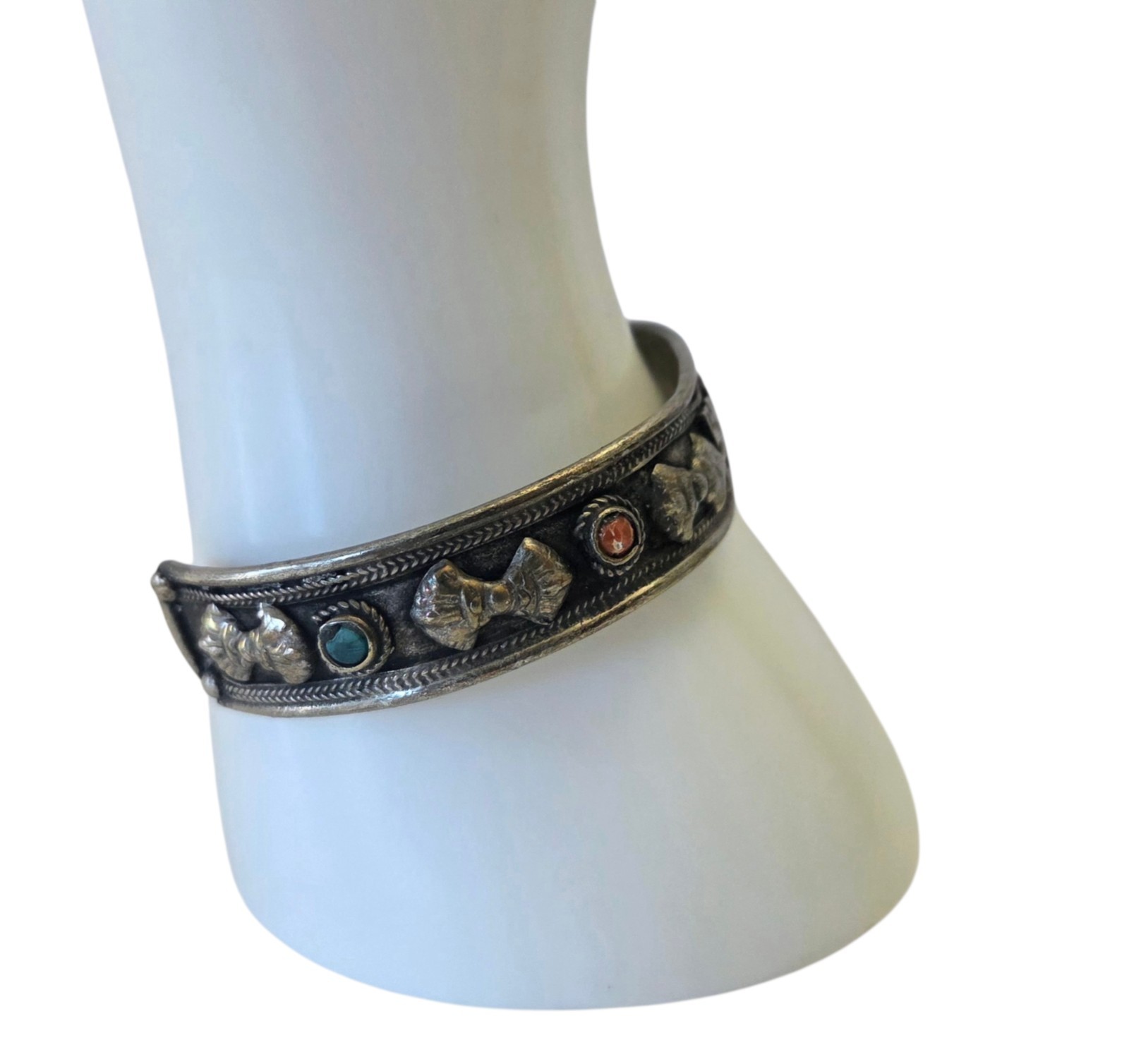 Nepal Tibetan Om Mani Padme Hum Cuff Bracelet Silver Tone Coral Turquoise Accent