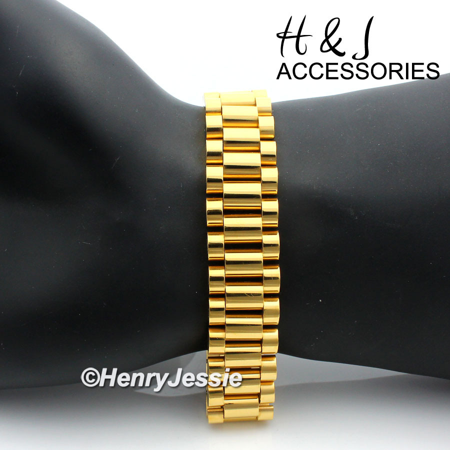 8-11″MEN Stainless Steel 15mm Gold Plated Watch Band Link Chain Bracelet*GB43