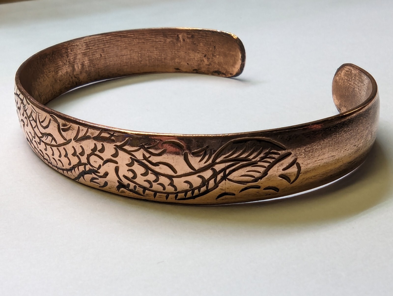 Copper Tibetan Cuff Bracelet. Hand Carved DRAGON Design. Unisex. Adjustable Fit.