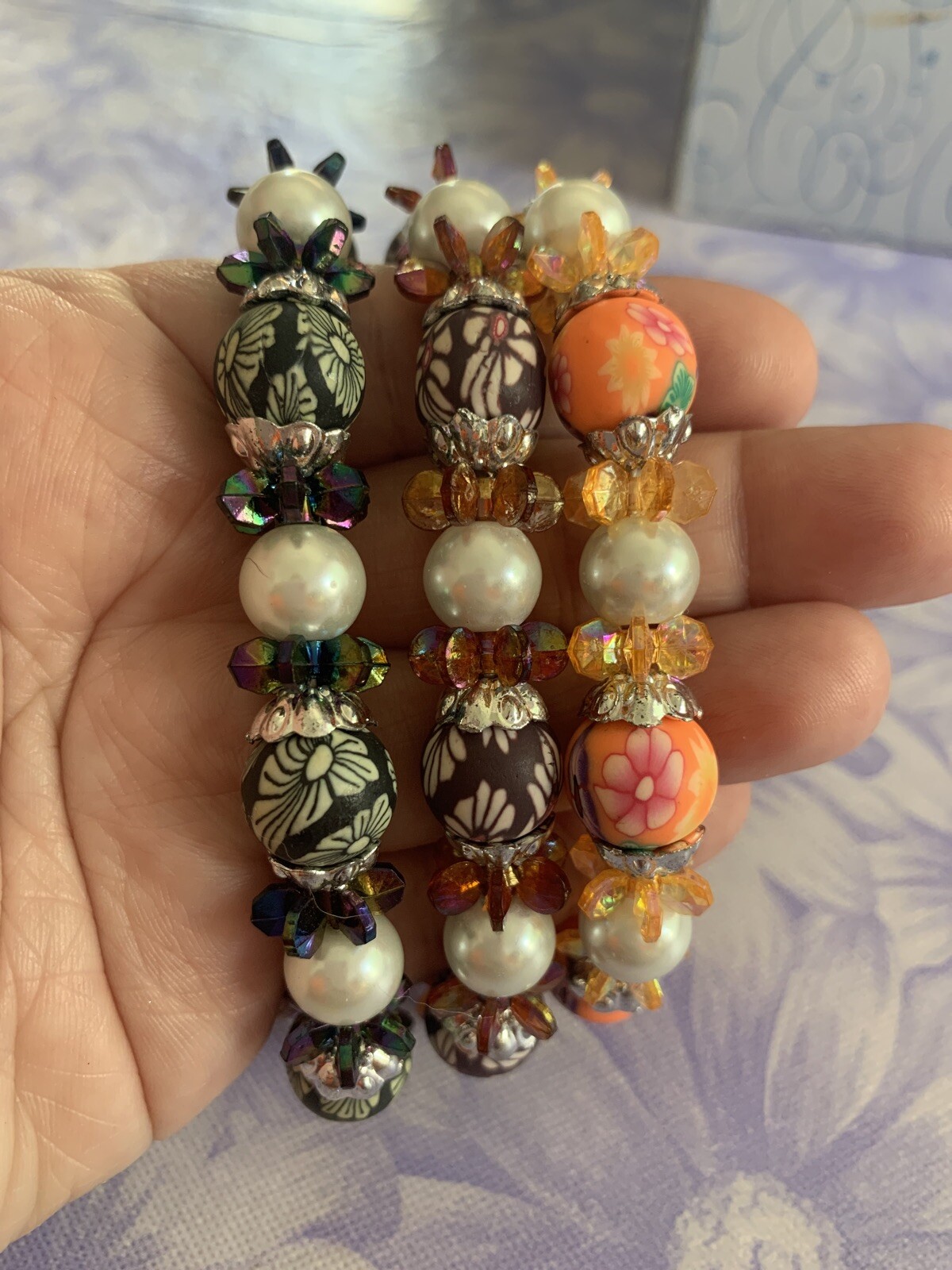 Black Brown Orange Flower Clay & Pearl Style Beads Stretchy Elastic 3 Bracelets