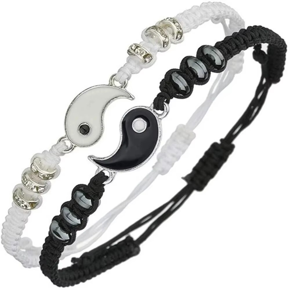 2pcs Couple Black White Tai Chi Rope Bracelets Adjustable Daily Jewelry – NEW