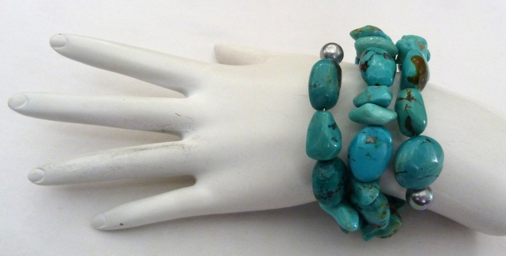 1 3/4″ WIDE LARGE TURQUOISE NUGGET BEADS WIRE WRAP BRACELET ~ 76.29 GRAMS
