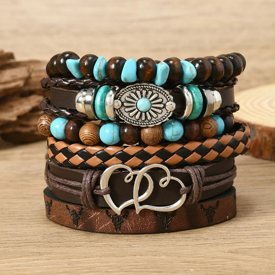 5-6pcs Bohemian Evil Eye & Feather Charm Bracelets Set – Adjustable Ethnic Jewel